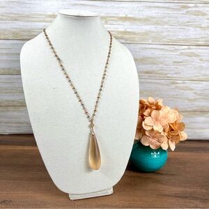 Beautiful Frosted Glass Drop Pendant Beaded Gold-Tone Chain Necklace